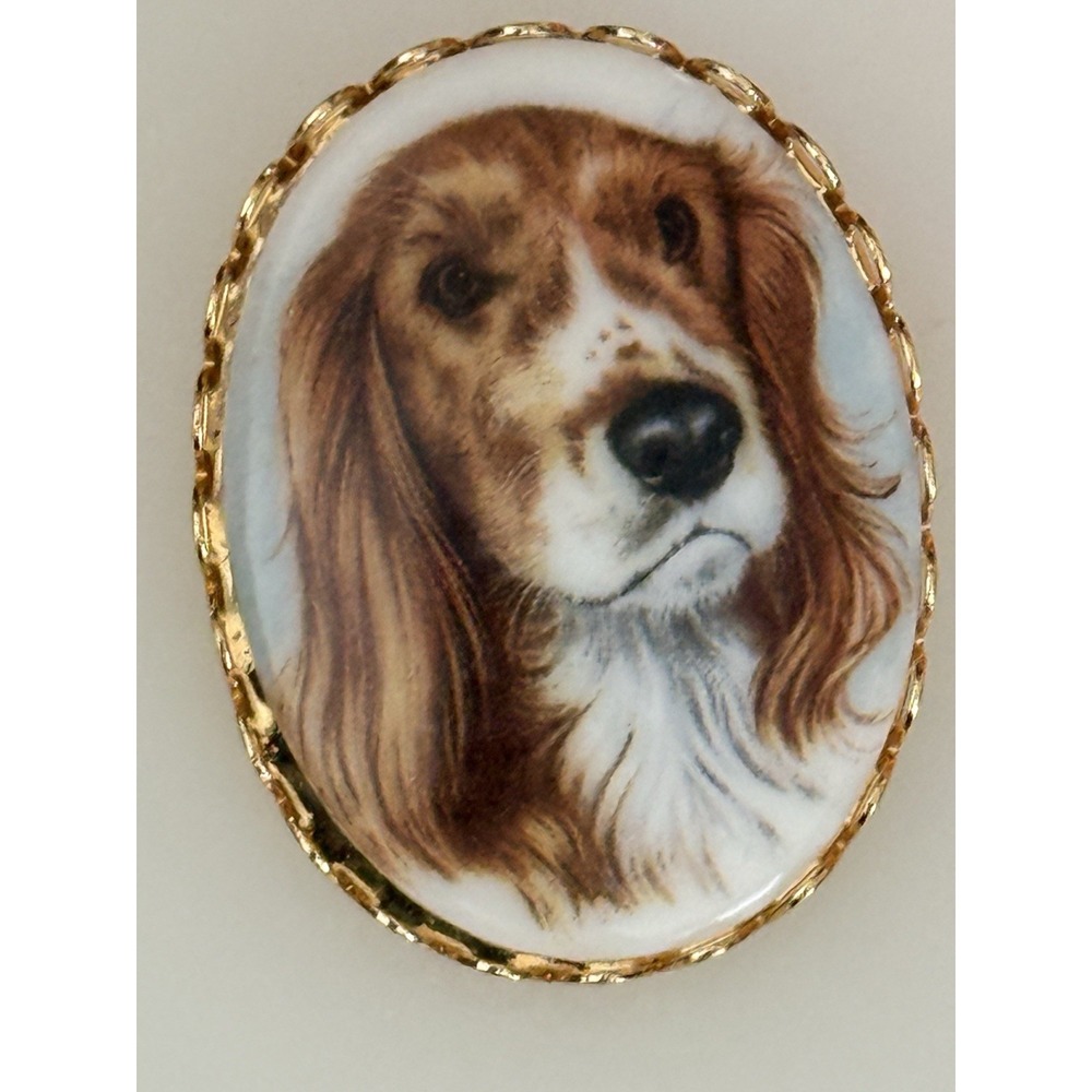 Vintage China or Porcelain Transfer Oval Pin Brooch Spaniel Hound Beagle NWOT‎ - Picture 4 of 15